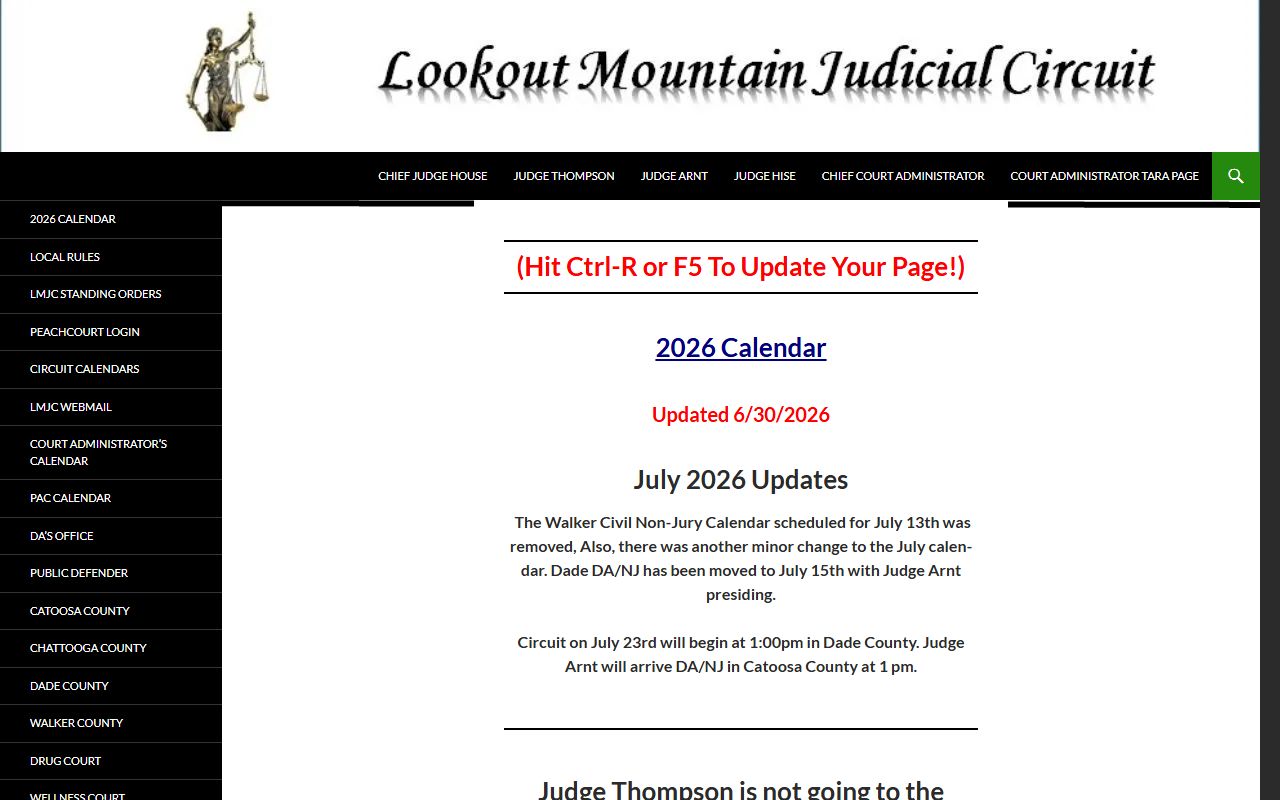 Chattooga County court dockets calendar access on the Lookout Mountain Judicial Circuit home page