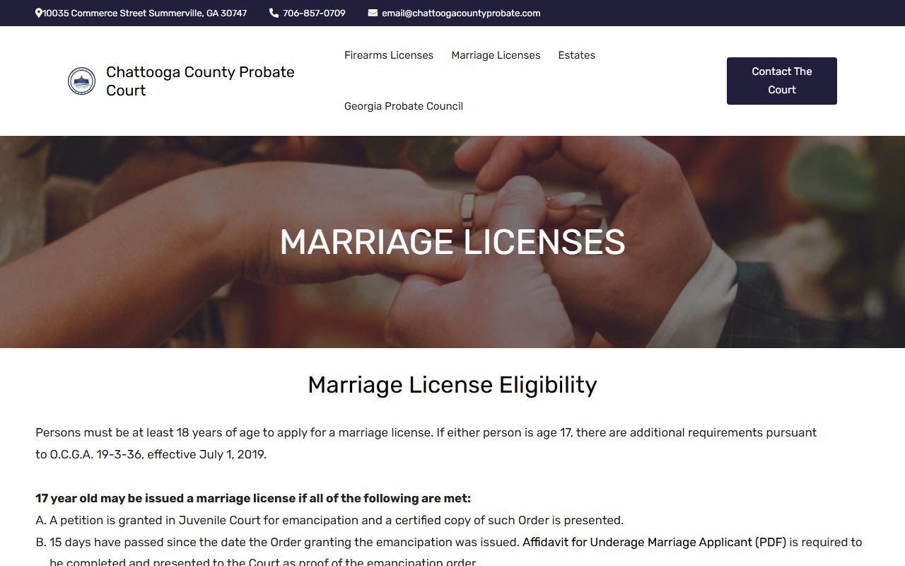 Chattooga County marriage records license requirements from Probate Court