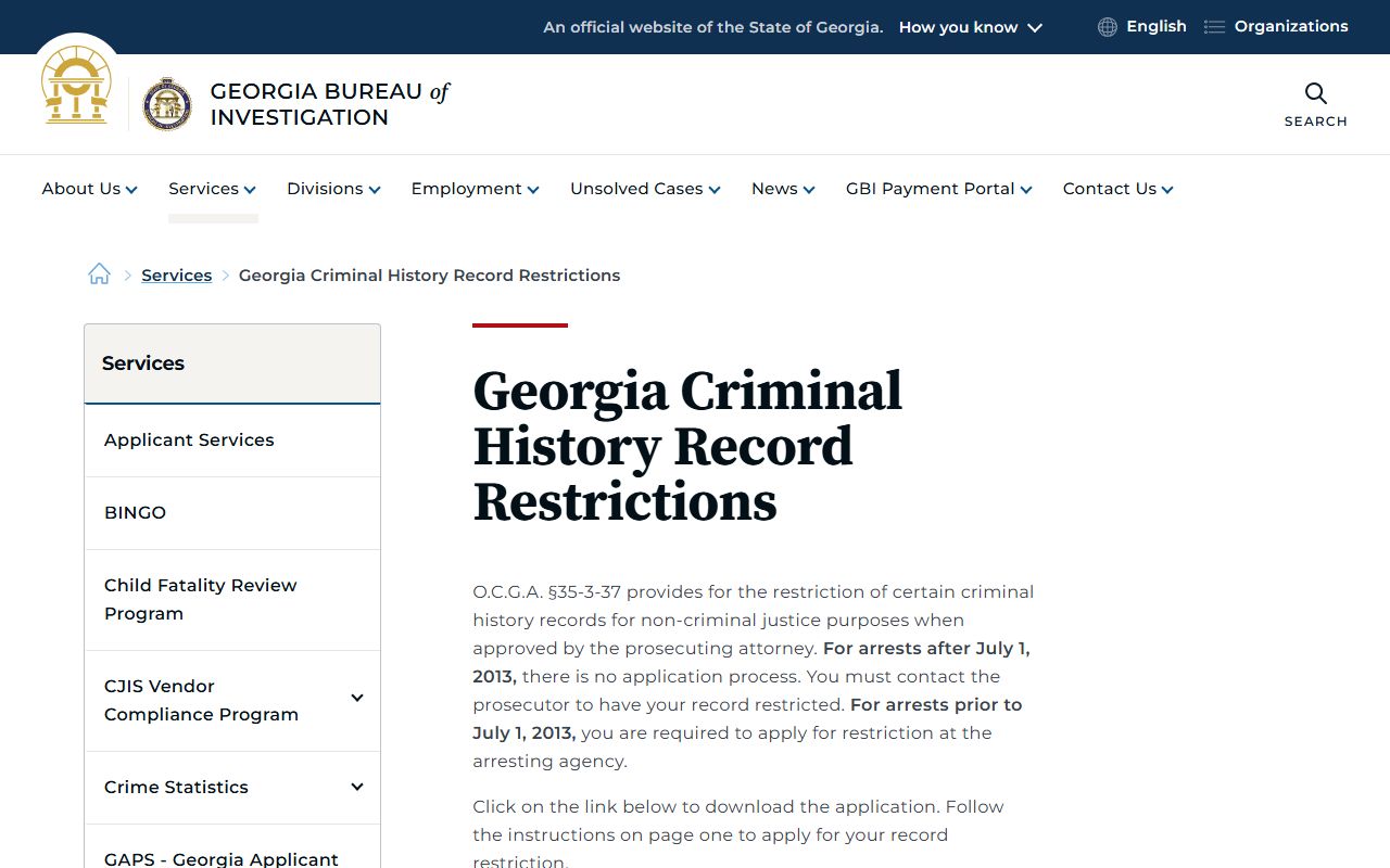 Chattooga County warrant records restriction context on the GBI record restriction page